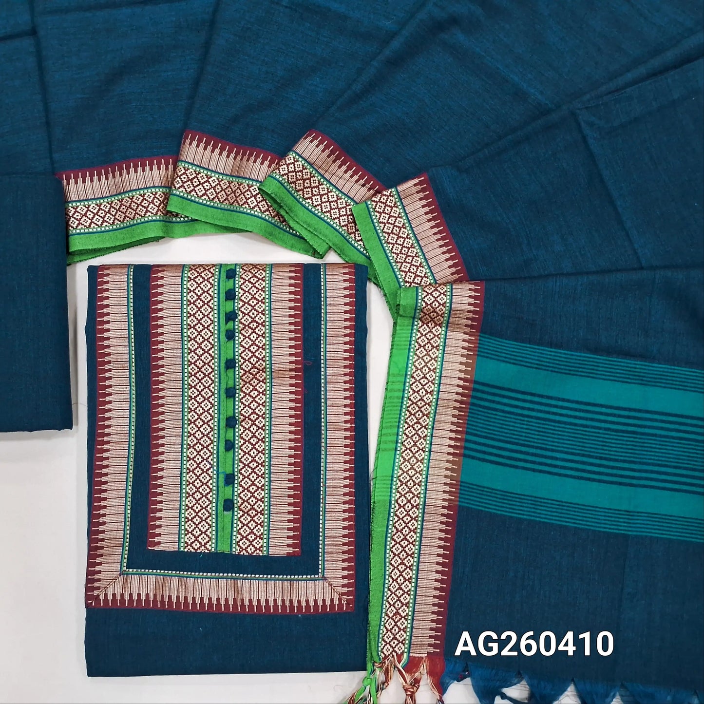 Designer peacock blue mercerized handloom cotton unstitched salwar material,contrast yoke patch(lining optional)handloom cotton bottom,full length handloom cotton dupatta with thread woven borders. AG260410