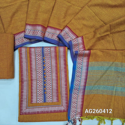 Designer rust orange mercerized handloom cotton unstitched salwar material,contrast yoke patch(lining optional)handloom cotton bottom,full length handloom cotton dupatta with thread woven borders. AG260412