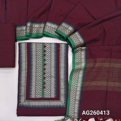 Designer dark maroon mercerized handloom cotton unstitched salwar material,contrast yoke patch(lining optional)handloom cotton bottom,full length handloom cotton dupatta with thread woven borders. AG260413