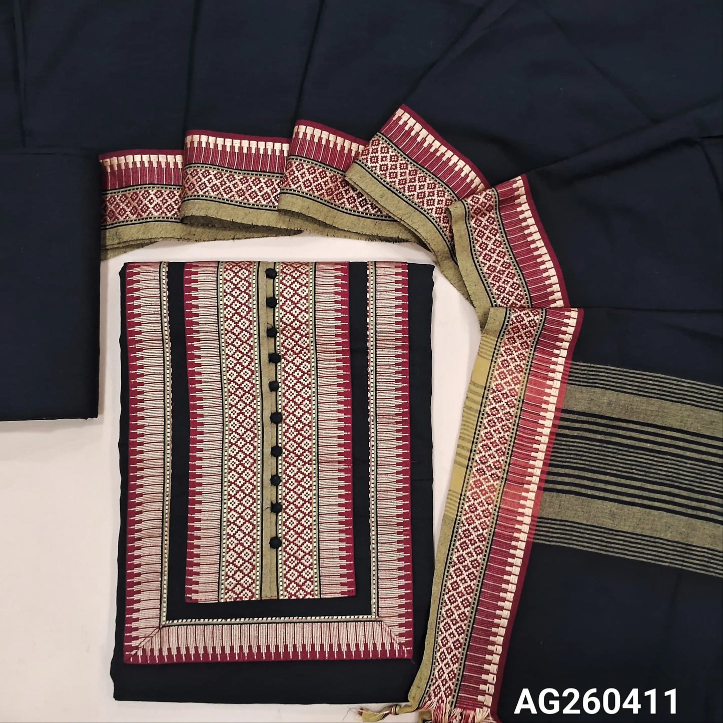 Designer black mercerized handloom cotton unstitched salwar material,contrast yoke patch(lining optional)handloom cotton bottom,full length handloom cotton dupatta with thread woven borders. AG260411