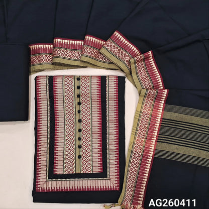 Designer black mercerized handloom cotton unstitched salwar material,contrast yoke patch(lining optional)handloom cotton bottom,full length handloom cotton dupatta with thread woven borders. AG260411