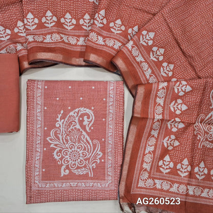 Peachish pink printed soft silk cotton unstitched salwar material, printed yoke,(lining needed)spun cotton bottom,digital printed soft silk cotton dupatta with tissue borders. AG260523