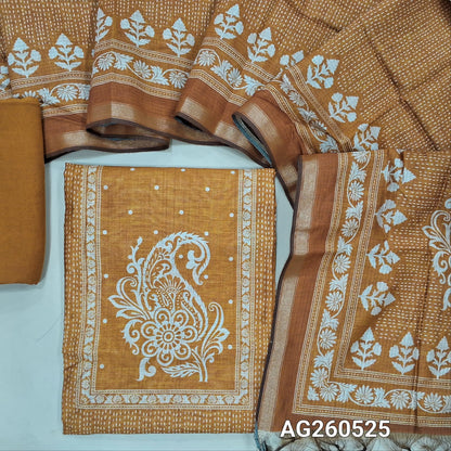 Rust orange printed soft silk cotton unstitched salwar material, printed yoke,(lining needed)spun cotton bottom,digital printed soft silk cotton dupatta with tissue borders. AG260525