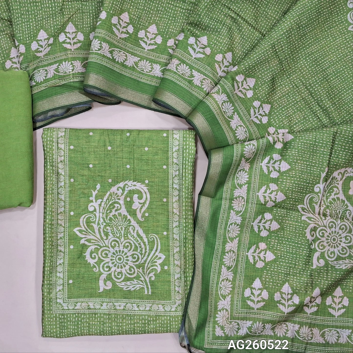 Leafy green printed soft silk cotton unstitched salwar material, printed yoke,(lining needed)spun cotton bottom,digital printed soft silk cotton dupatta with tissue borders. AG260522