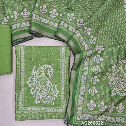 Leafy green printed soft silk cotton unstitched salwar material, printed yoke,(lining needed)spun cotton bottom,digital printed soft silk cotton dupatta with tissue borders. AG260522