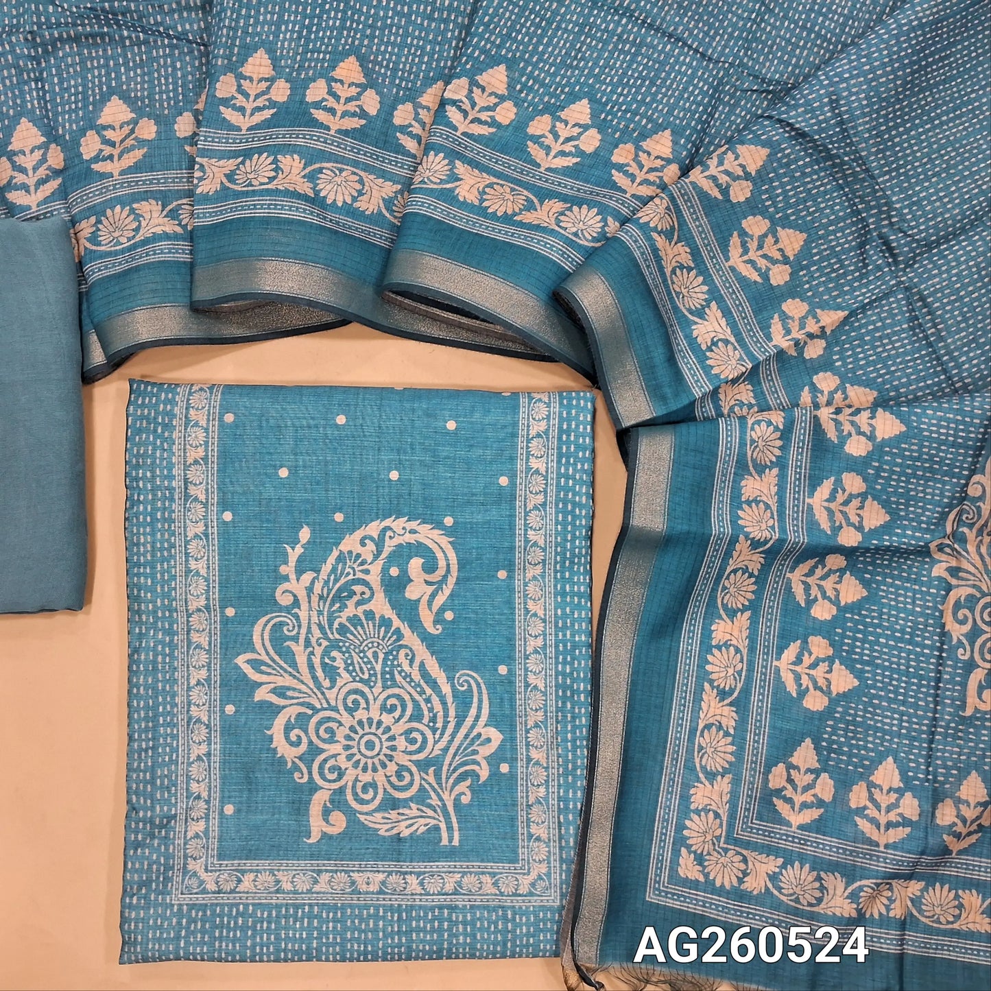 Blue printed soft silk cotton unstitched salwar material, printed yoke,(lining needed)spun cotton bottom,digital printed soft silk cotton dupatta with tissue borders. AG260524