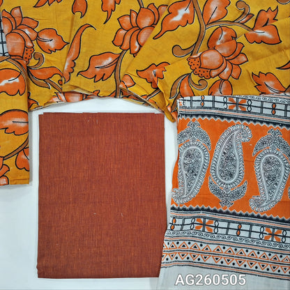 Rust orange handloom cotton unstitched salwar material,(lining optional)mehandhi yellow kalamkari hand block printed cotton bottom,kalamkari hand block printed mul cotton dupatta with contrast pallu. AG260505