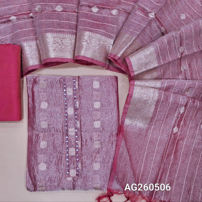 Pastel pink with golden tint crinkled tissue silk cotton unstitched salwar material,mirror on yoke, buttas all over,(thin, lining needed)silky/silk cotton bottom, zari woven on crinkled tissue silk cotton dupatta with borders. AG260506