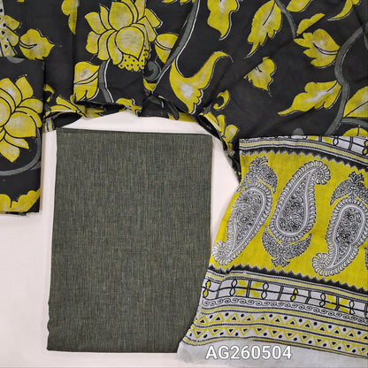 Dark grey handloom cotton unstitched salwar material,(lining optional)black kalamkari hand block printed cotton bottom,kalamkari hand block printed mul cotton dupatta with contrast pallu. AG260504