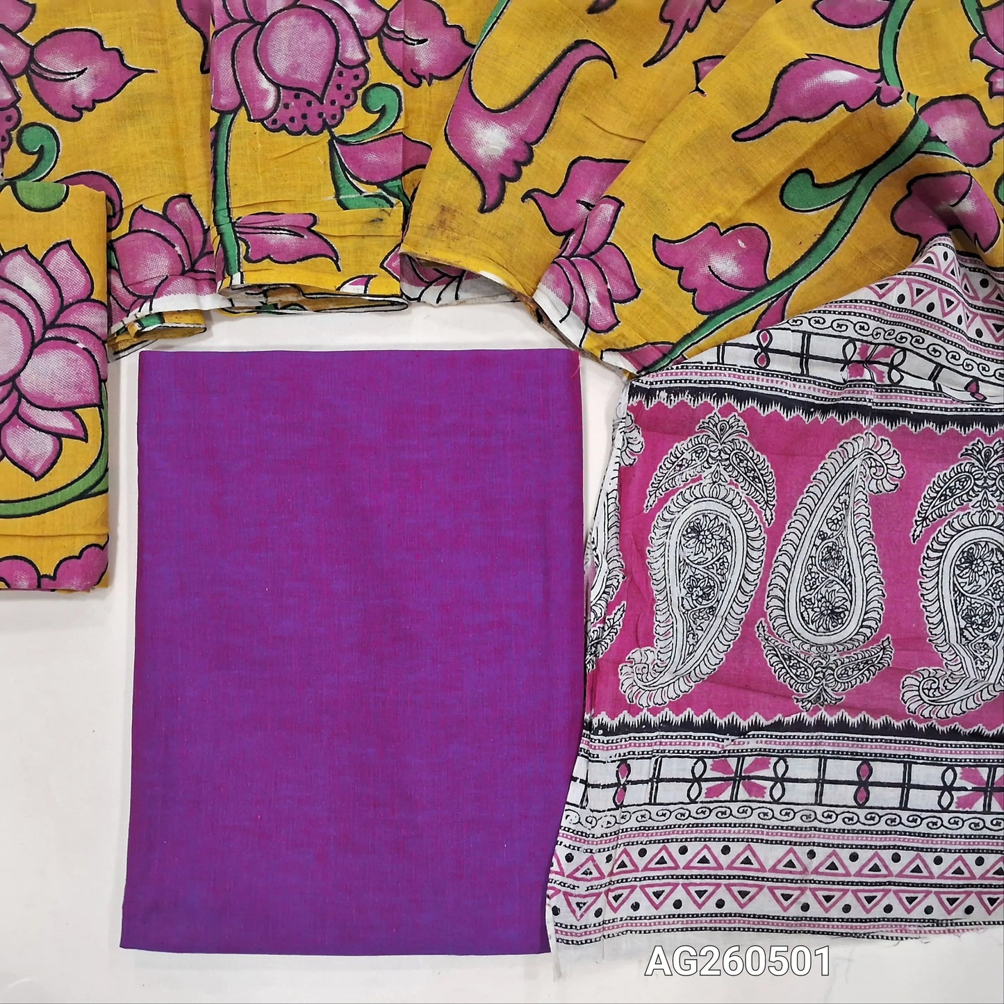Purple handloom cotton unstitched salwar material,(lining optional)mehandhi yellow  kalamkari hand block printed cotton bottom,kalamkari hand block printed mul cotton dupatta with contrast pallu. AG260501