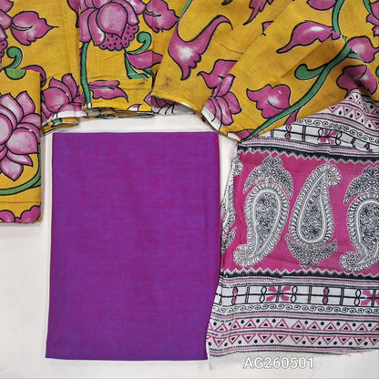 Purple handloom cotton unstitched salwar material,(lining optional)mehandhi yellow  kalamkari hand block printed cotton bottom,kalamkari hand block printed mul cotton dupatta with contrast pallu. AG260501