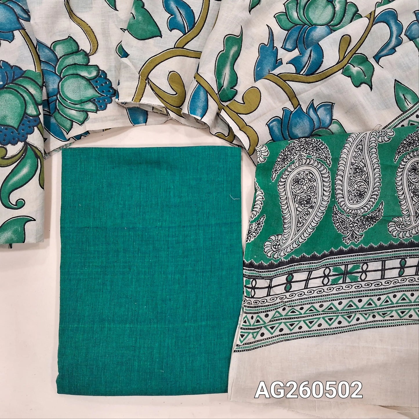 Turquoise green handloom cotton unstitched salwar material,(lining optional)off white kalamkari hand block printed cotton bottom,kalamkari hand block printed mul cotton dupatta with contrast pallu. AG260502