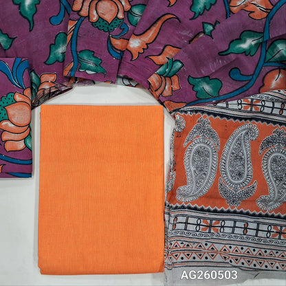 Orange handloom cotton unstitched salwar material,(lining optional)pink kalamkari hand block printed cotton bottom,kalamkari hand block printed mul cotton dupatta with contrast pallu. AG260503