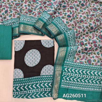 Black base soft silk cotton unstitched salwar material,polka design, printed all over,(lining needed)blue cotton bottom,floral printed silk cotton dupatta with borders and pallu. AG260511