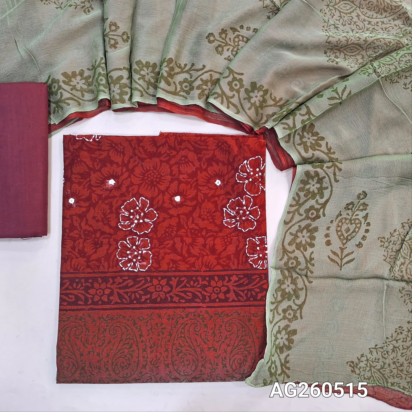 Sage green & reddish maroon hand block printed premium kota unstitched salwar material, mirror & floral printed with hand embroidery work on yoke,(Lining Needed)cotton bottom,dual shaded hand block printed chiffon dupatta. AG260515