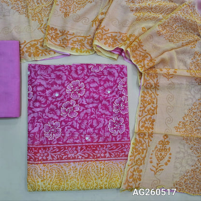 Pastel yellow & pink hand block printed premium kota unstitched salwar material, mirror & floral printed with hand embroidery work on yoke,(Lining Needed)cotton bottom,dual shaded hand block printed chiffon dupatta. AG260517