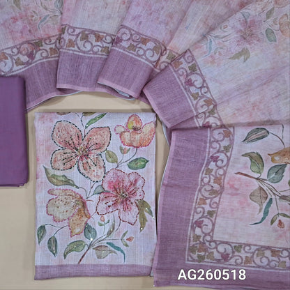 Light mauve semi linen unstitched salwar material, abstract printed on front,floral design with hand embroidery work on daman,(lining needed)cotton bottom, printed semi linen dupatta. AG260518