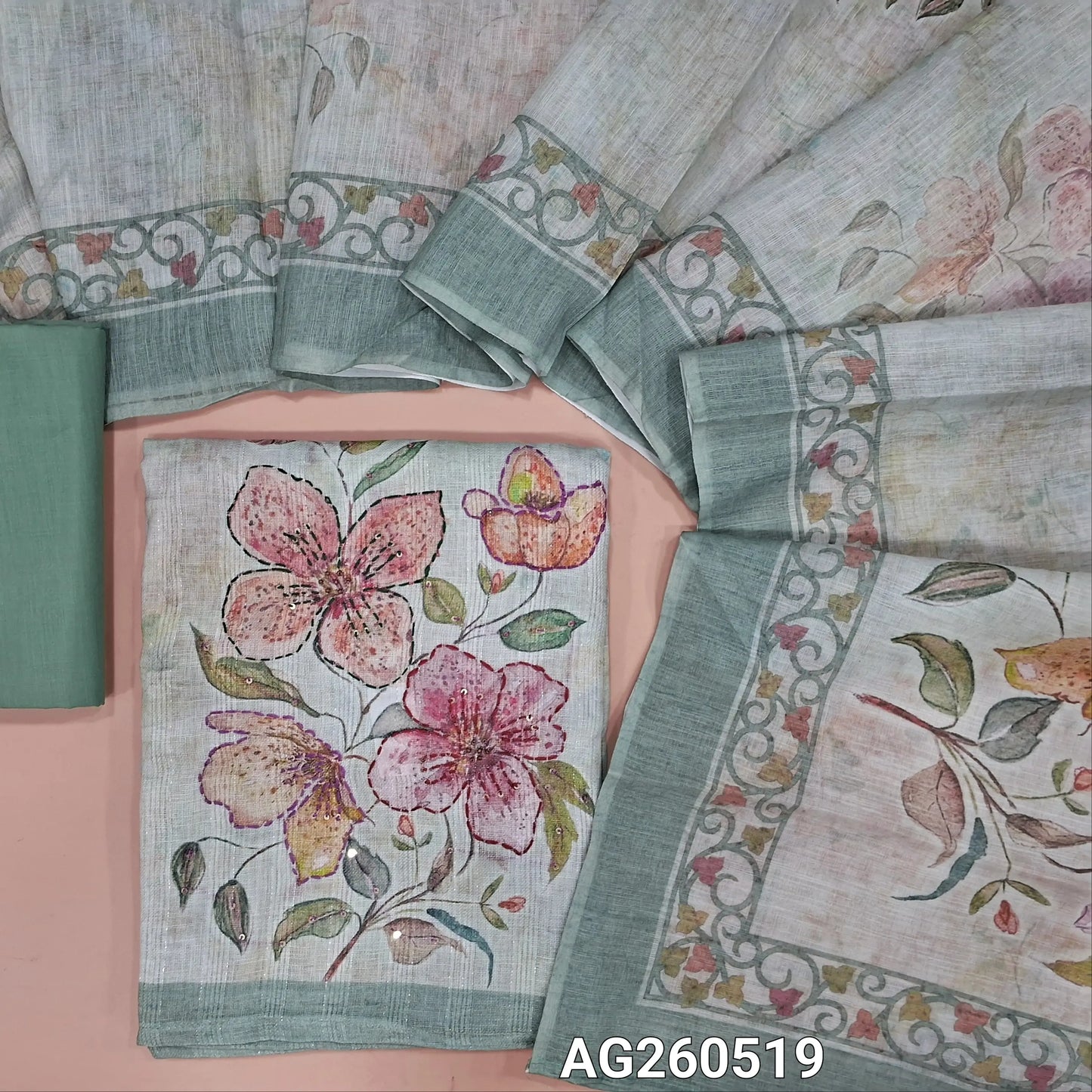 Pastel green semi linen unstitched salwar material, abstract printed on front,floral design with hand embroidery work on daman,(lining needed)cotton bottom, printed semi linen dupatta. AG260519
