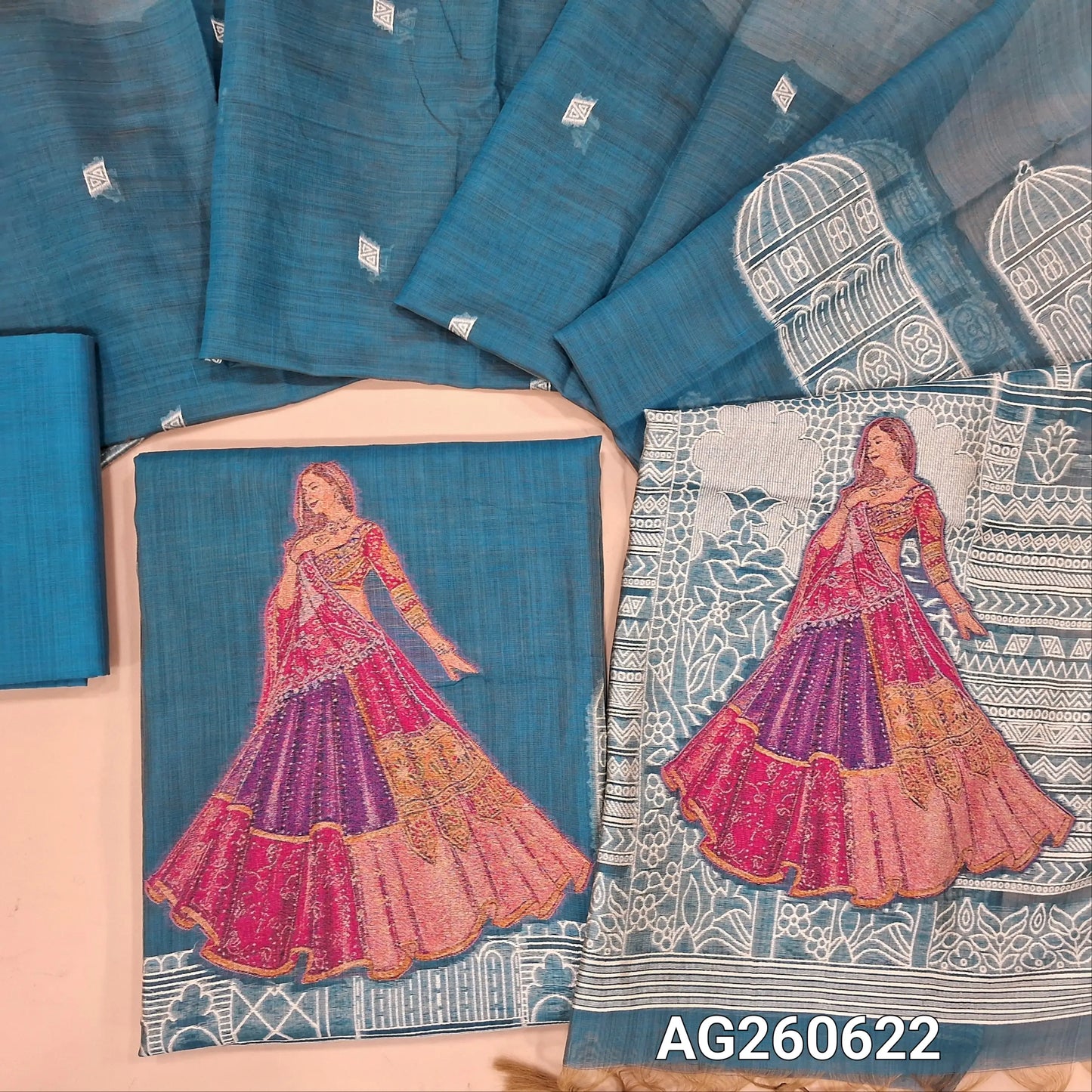 Light teal blue jamdani woven silk cotton unstitched salwar material,(thin, lining needed) heavy jamdani woven on daman, matching silk cotton bottom, heavy jamdani woven silk cotton full length dupatta. AG260622