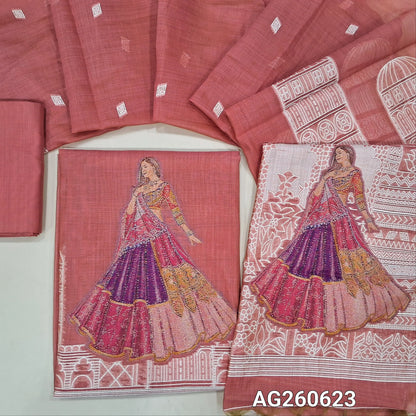 Dark peachish pink jamdani woven silk cotton unstitched salwar material,(thin, lining needed) heavy jamdani woven on daman, matching silk cotton bottom, heavy jamdani woven silk cotton full length dupatta. AG260623