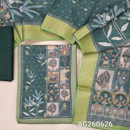 Pastel Green silk cotton unstitched salwar material (lining needed) digital print on yoke, zari buttas allover, dark green spun cotton bottom, digital printed silk cotton dupatta with zari borders (TAPING NEEDED). AG260626