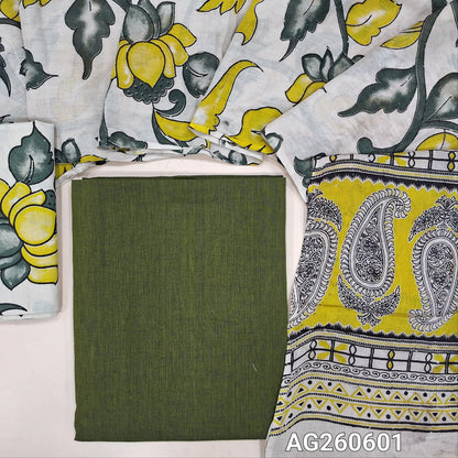 Leafy green handloom cotton unstitched salwar material,(lining optional)off white kalamkari hand block printed cotton bottom,kalamkari hand block printed mul cotton dupatta with contrast pallu. AG260601