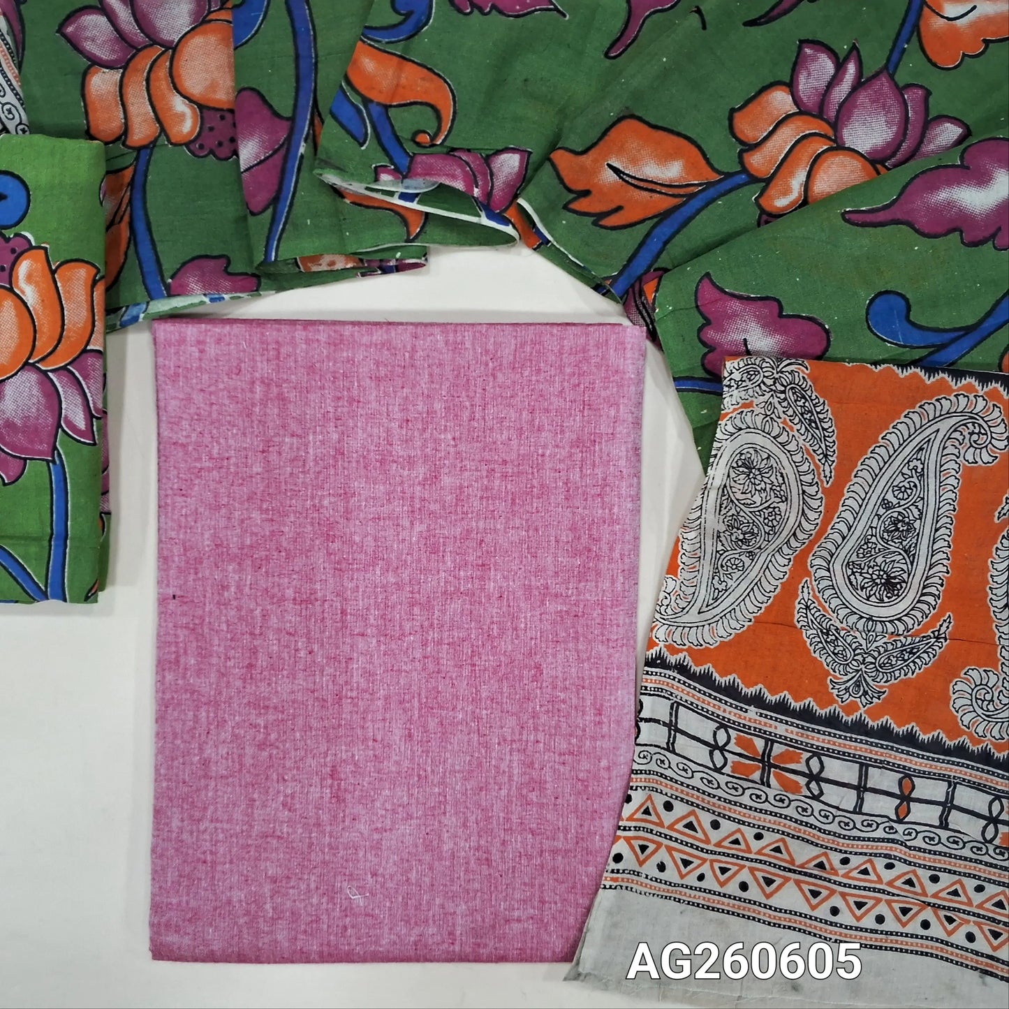 Pastel pink handloom cotton unstitched salwar material,(lining optional)green kalamkari hand block printed cotton bottom,kalamkari hand block printed mul cotton dupatta with contrast pallu. AG260605