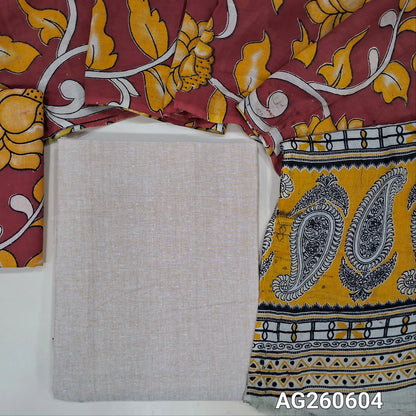 Beige handloom cotton unstitched salwar material,(lining optional)reddish maroon kalamkari hand block printed cotton bottom,kalamkari hand block printed mul cotton dupatta with contrast pallu. AG260604