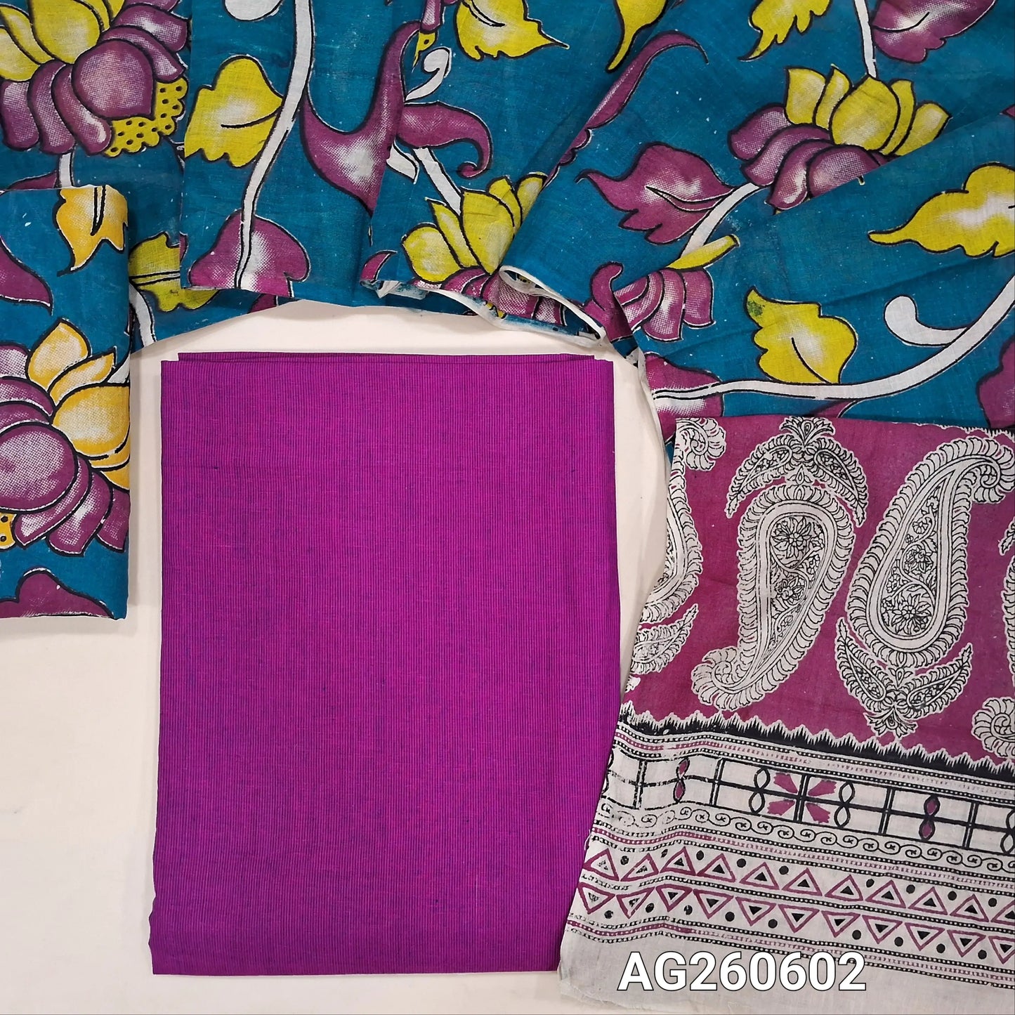 Rani pink handloom cotton unstitched salwar material,(lining optional)dark teal blue kalamkari hand block printed cotton bottom,kalamkari hand block printed mul cotton dupatta with contrast pallu. AG260602