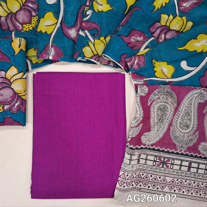 Rani pink handloom cotton unstitched salwar material,(lining optional)dark teal blue kalamkari hand block printed cotton bottom,kalamkari hand block printed mul cotton dupatta with contrast pallu. AG260602