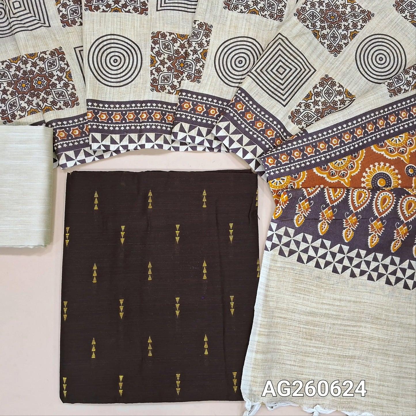Dark brown slub silk cotton unstitched salwar material, gold zari buttas all over (lining needed)half white silk cotton bottom,block printed jute cotton dupatta with printed pallu. AG260624