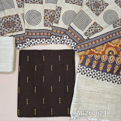 Dark brown slub silk cotton unstitched salwar material, gold zari buttas all over (lining needed)half white silk cotton bottom,block printed jute cotton dupatta with printed pallu. AG260624