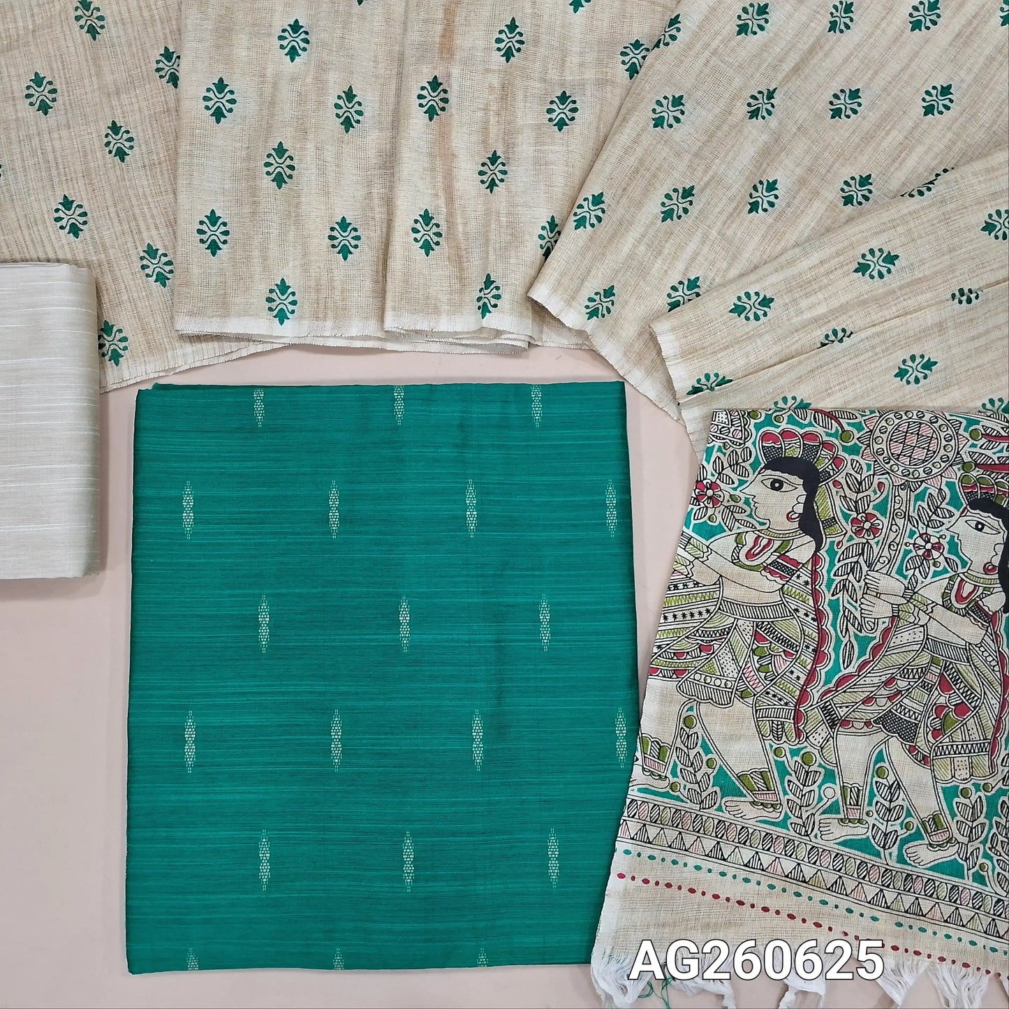 Turquoise blue slub silk cotton unstitched salwar material, thread buttas all over (lining needed)half white silk cotton bottom,block printed jute cotton dupatta with madhubani printed pallu. AG260625
