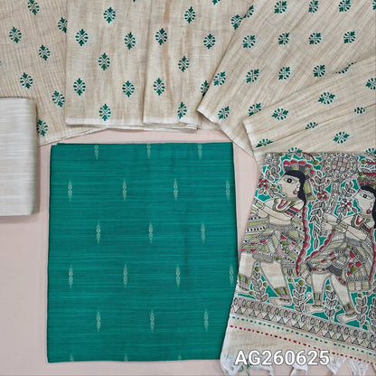 Turquoise blue slub silk cotton unstitched salwar material, thread buttas all over (lining needed)half white silk cotton bottom,block printed jute cotton dupatta with madhubani printed pallu. AG260625
