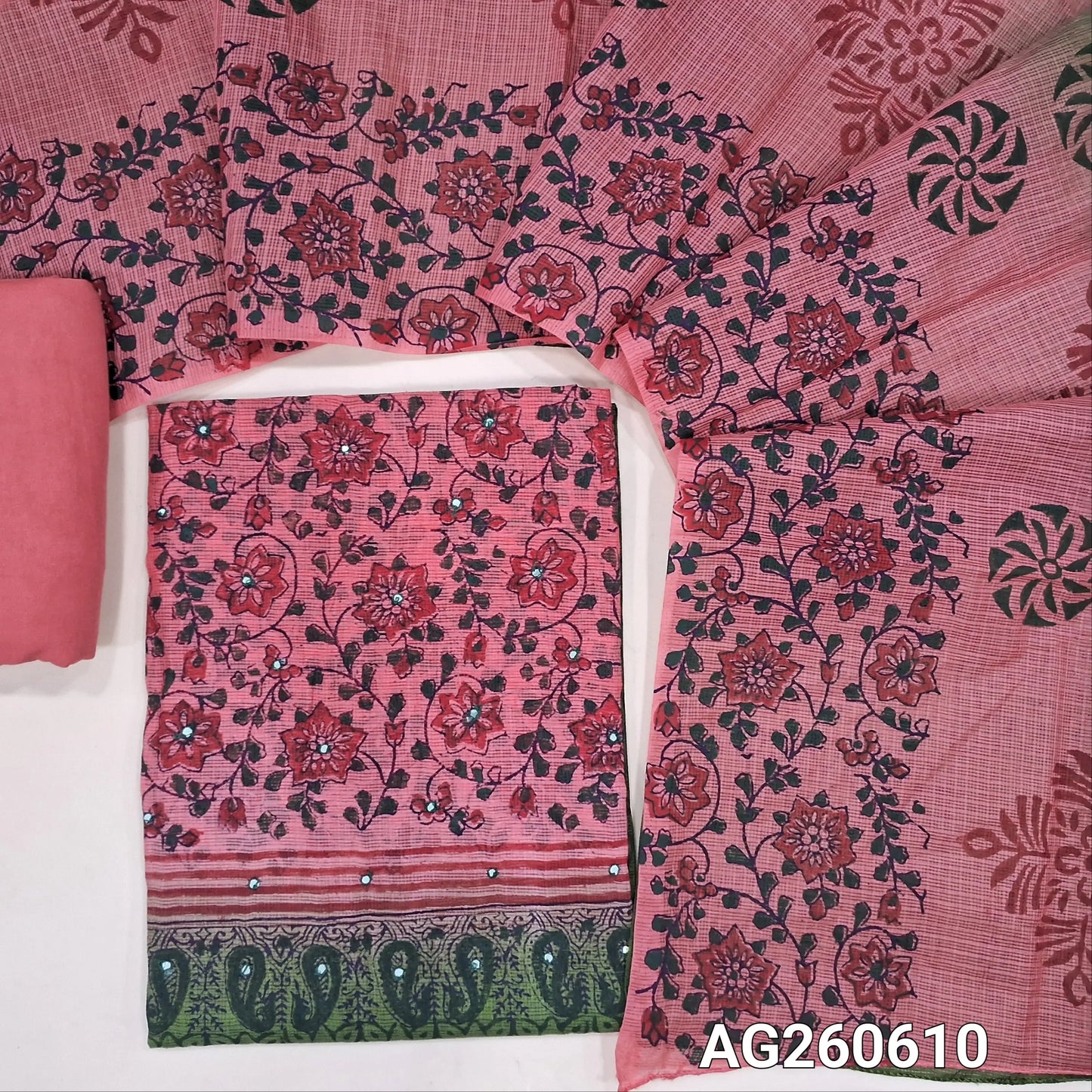 Dark green & peachish pink block printed kota unstitched salwar material,faux mirror on yoke(Lining Needed) spun cotton bottom,hand block printed dual shaded kota dupatta. AG260608