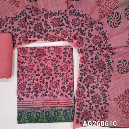 Dark green & peachish pink block printed kota unstitched salwar material,faux mirror on yoke(Lining Needed) spun cotton bottom,hand block printed dual shaded kota dupatta. AG260608