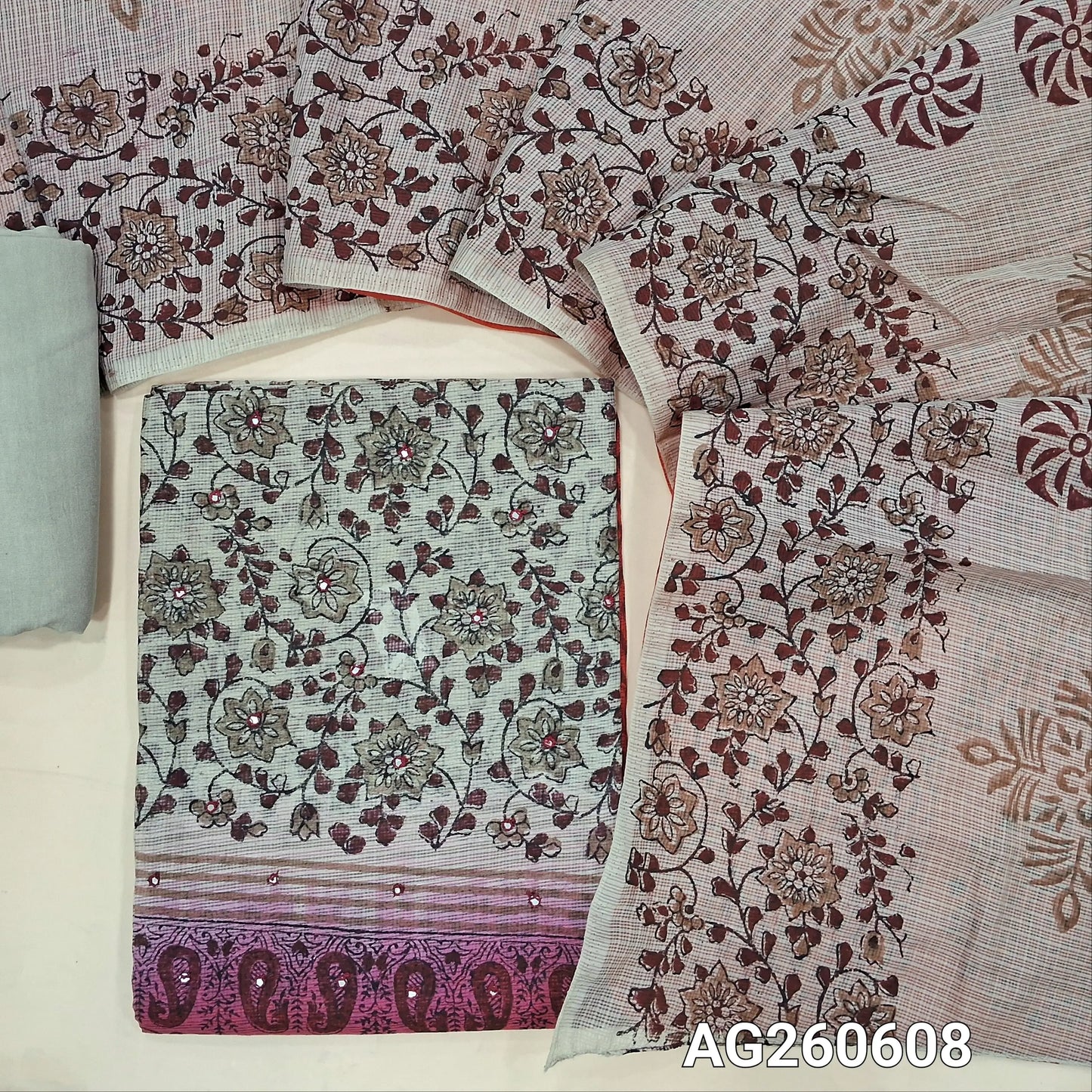 Beige & dark pink block printed kota unstitched salwar material,faux mirror on yoke(Lining Needed) spun cotton bottom,hand block printed dual shaded kota dupatta. AG260610