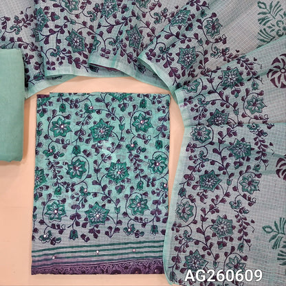 Pastel blue & purple block printed kota unstitched salwar material,faux mirror on yoke(Lining Needed) spun cotton bottom,hand block printed dual shaded kota dupatta. AG260609