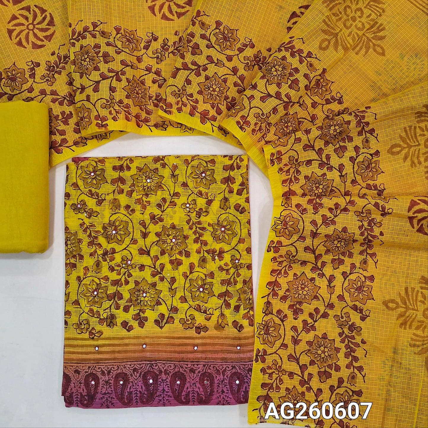 Mehandhi yellow & pink block printed kota unstitched salwar material,faux mirror on yoke(Lining Needed) spun cotton bottom,hand block printed dual shaded kota dupatta. AG260607