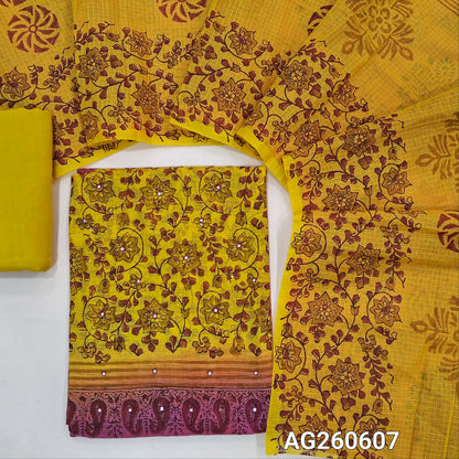 Mehandhi yellow & pink block printed kota unstitched salwar material,faux mirror on yoke(Lining Needed) spun cotton bottom,hand block printed dual shaded kota dupatta. AG260607