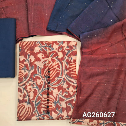 Maroon base digital printed fancy silk cotton unstitched salwar material,potli buttons on yoke,(lining needed) dark blue cotton bottom, sequins work on dual shaded fancy silk cotton dupatta. AG260627
