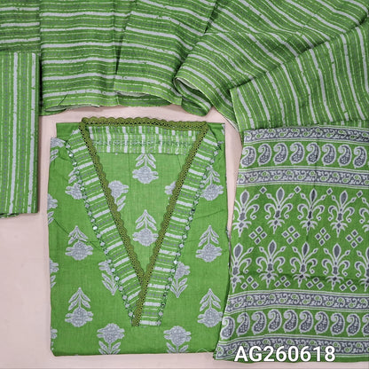 Light green printed pure cotton unstitched salwar material,v collar neck with real mirror and lace work (lining optional)printed cotton bottom, printed full length mul cotton dupatta with pallu. AG260618