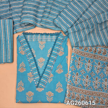 Blue printed pure cotton unstitched salwar material,v collar neck with real mirror and lace work (lining optional)printed cotton bottom, printed full length mul cotton dupatta with pallu. AG260615