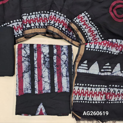 Black base wax batik fancy silk cotton unstitched salwar material(lining needed)cotton bottom, batik design on fancy soft silk cotton dupatta(TAPPING NEEDED). AG260619