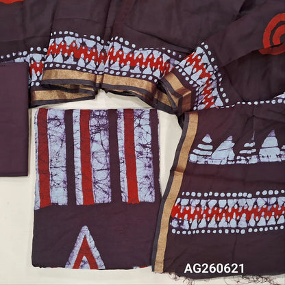 Maroon base wax batik fancy silk cotton unstitched salwar material(lining needed)cotton bottom, batik design on fancy soft silk cotton dupatta(TAPPING NEEDED). AG260621