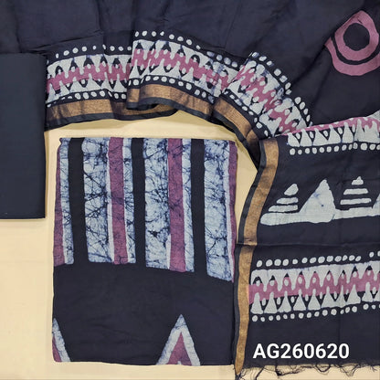 Dark blue base wax batik fancy silk cotton unstitched salwar material(lining needed)cotton bottom, batik design on fancy soft silk cotton dupatta(TAPPING NEEDED). AG260620