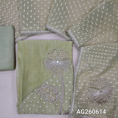 Pastel green with golden tint crinkled tissue organza unstitched salwar material,applique with zari and sequins on daman,(thin, lining needed)silky bottom,benarasi zari woven and applique work on tissue organza dupatta with lace tapping. AG260614