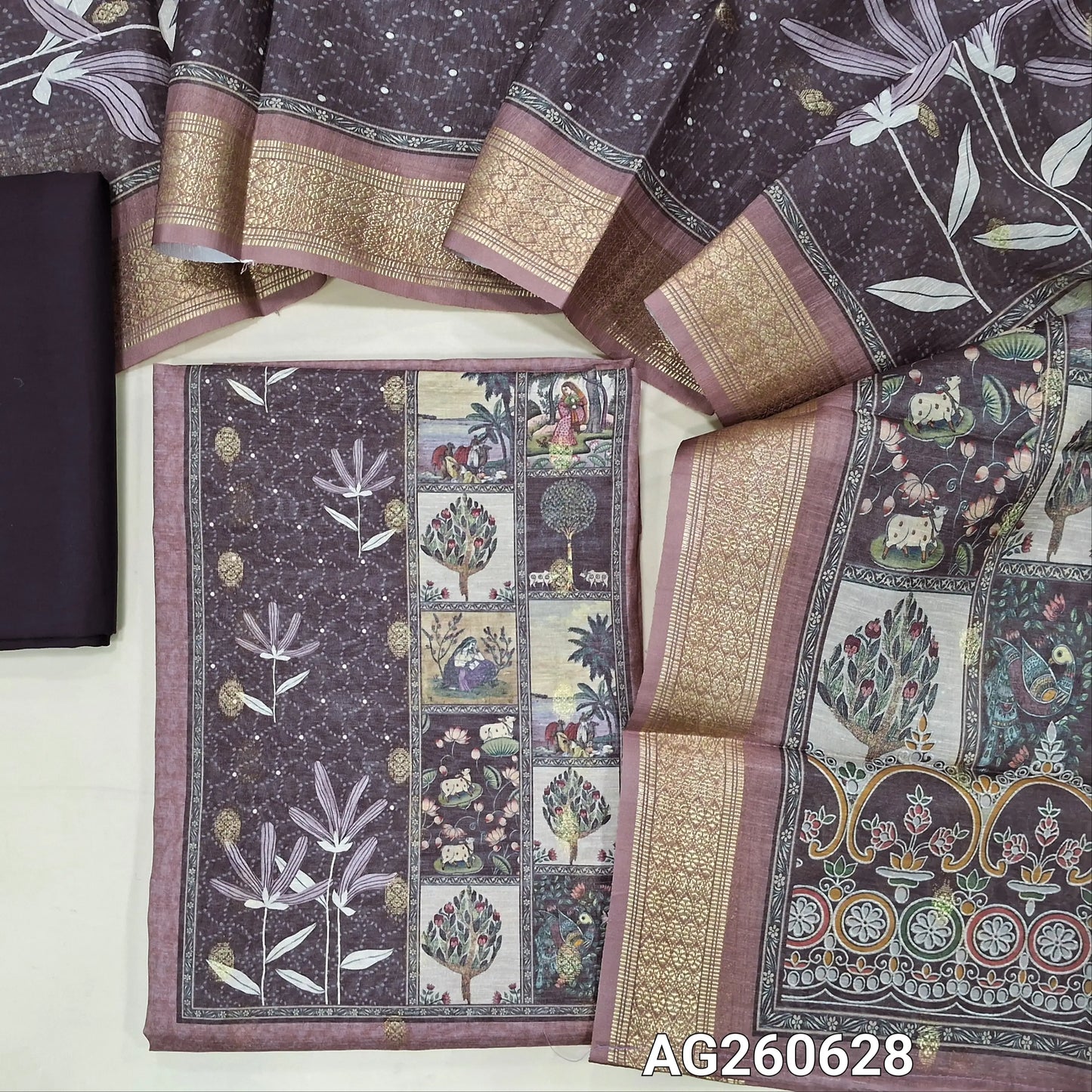 Onion Pink silk cotton unstitched salwar material (lining needed) digital print on yoke, zari buttas allover, dark maroon spun cotton bottom, digital printed silk cotton dupatta with zari borders (TAPING NEEDED). AG260628