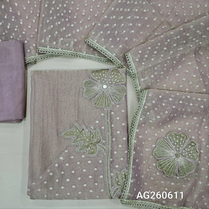 Pastel pink with golden tint crinkled tissue organza unstitched salwar material,applique with zari and sequins on daman,(thin, lining needed)silky bottom,benarasi zari woven and applique work on tissue organza dupatta with lace tapping. AG260613