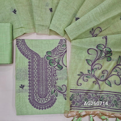 Light green jamdani woven silk cotton unstitched salwar material, heavy jamdani woven on yoke & front,(thin, lining needed) matching silk cotton bottom, jamdani woven silk cotton full length dupatta with handmade tassels. AG260714